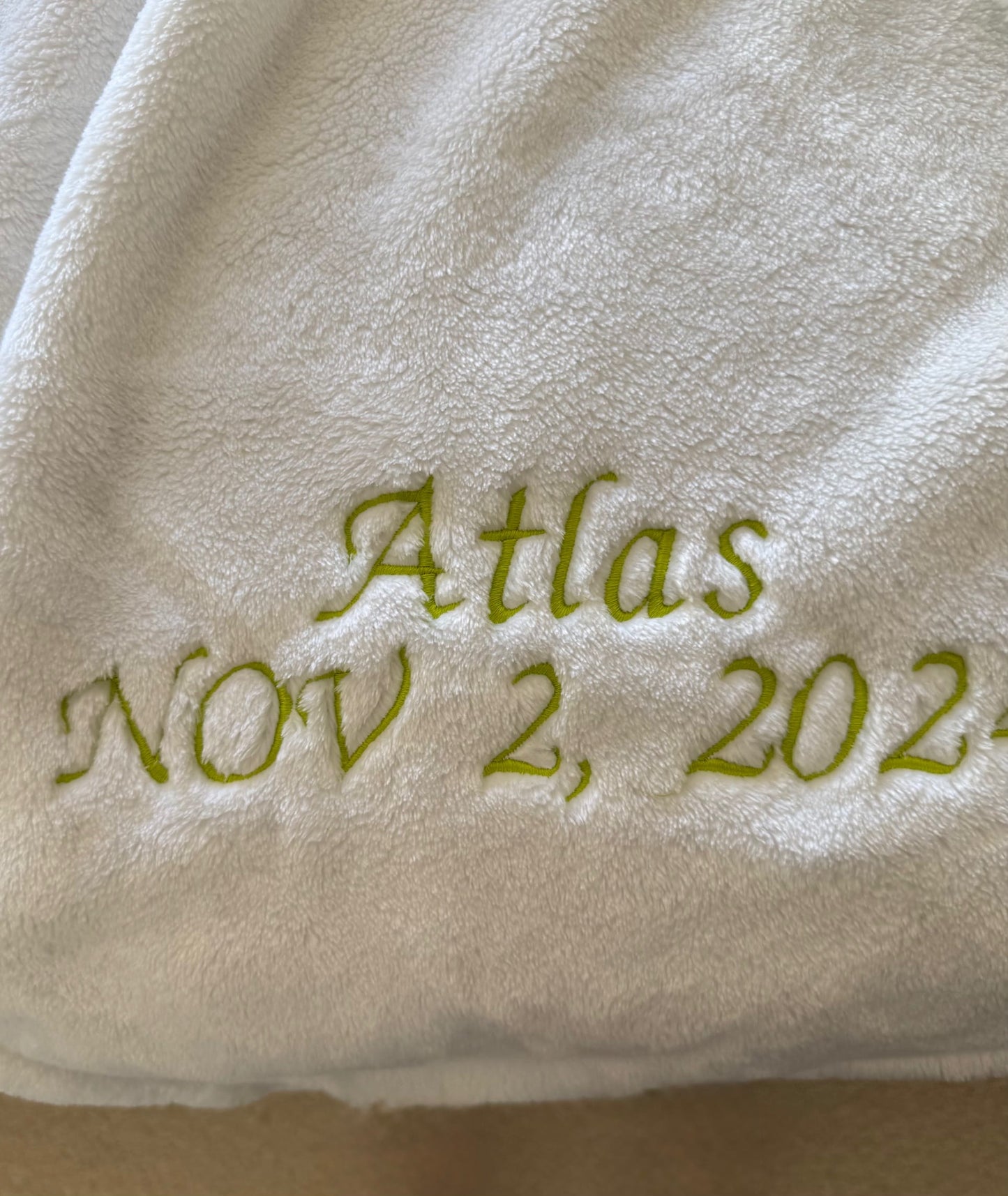 Baptism Blanket with lime green thread embroidery