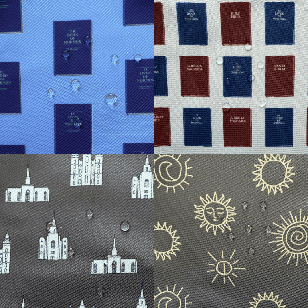 The four print variations of the Everyday LDS Scripture and Little Church Tote Bag. Clockwise from top left: Book of Mormon, Bible and Book of Mormon, Sunstones, and Temples