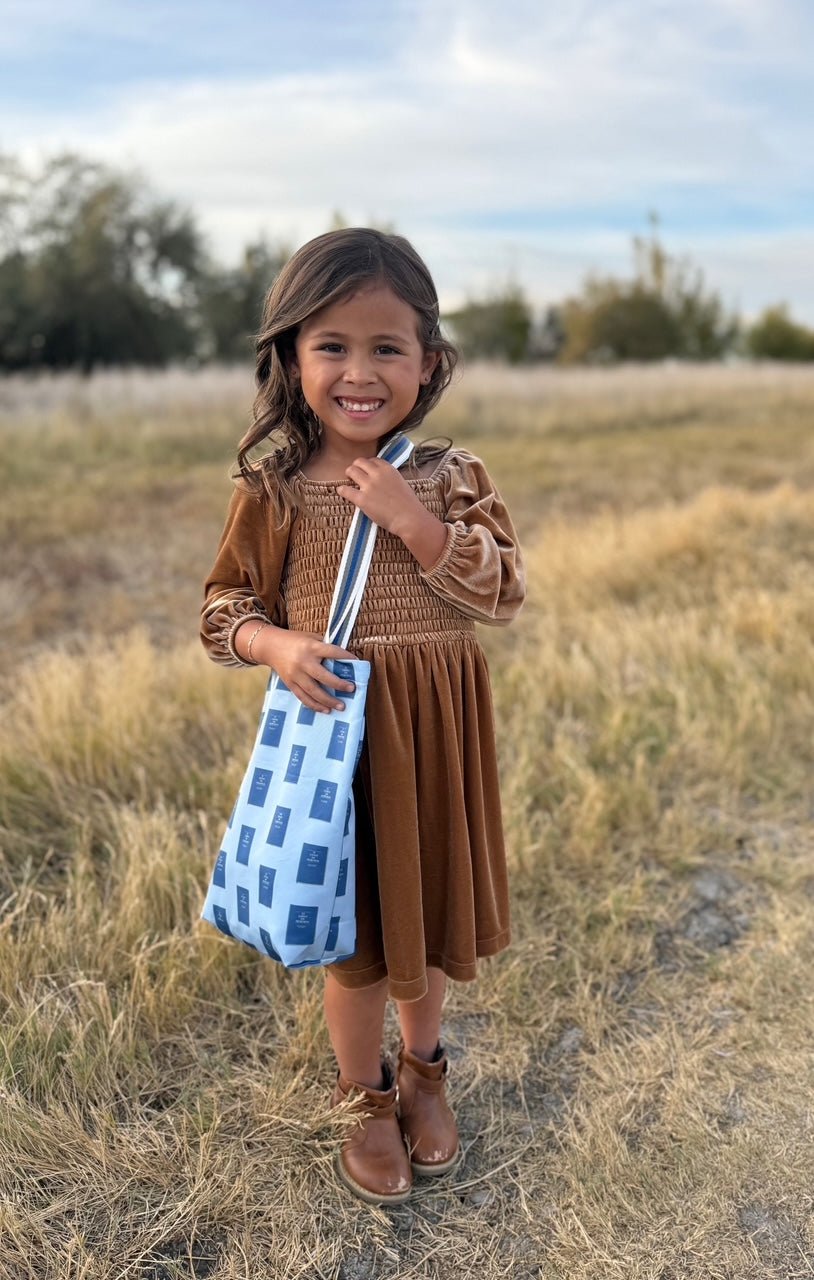 A young girl smiles while holding a blue tote bag with blue, gray, and white striped straps. The bag has a repeating pattern of blue Books of Mormon. She wears a brown velvet dress and brown boots. The background is a field of dry grass.