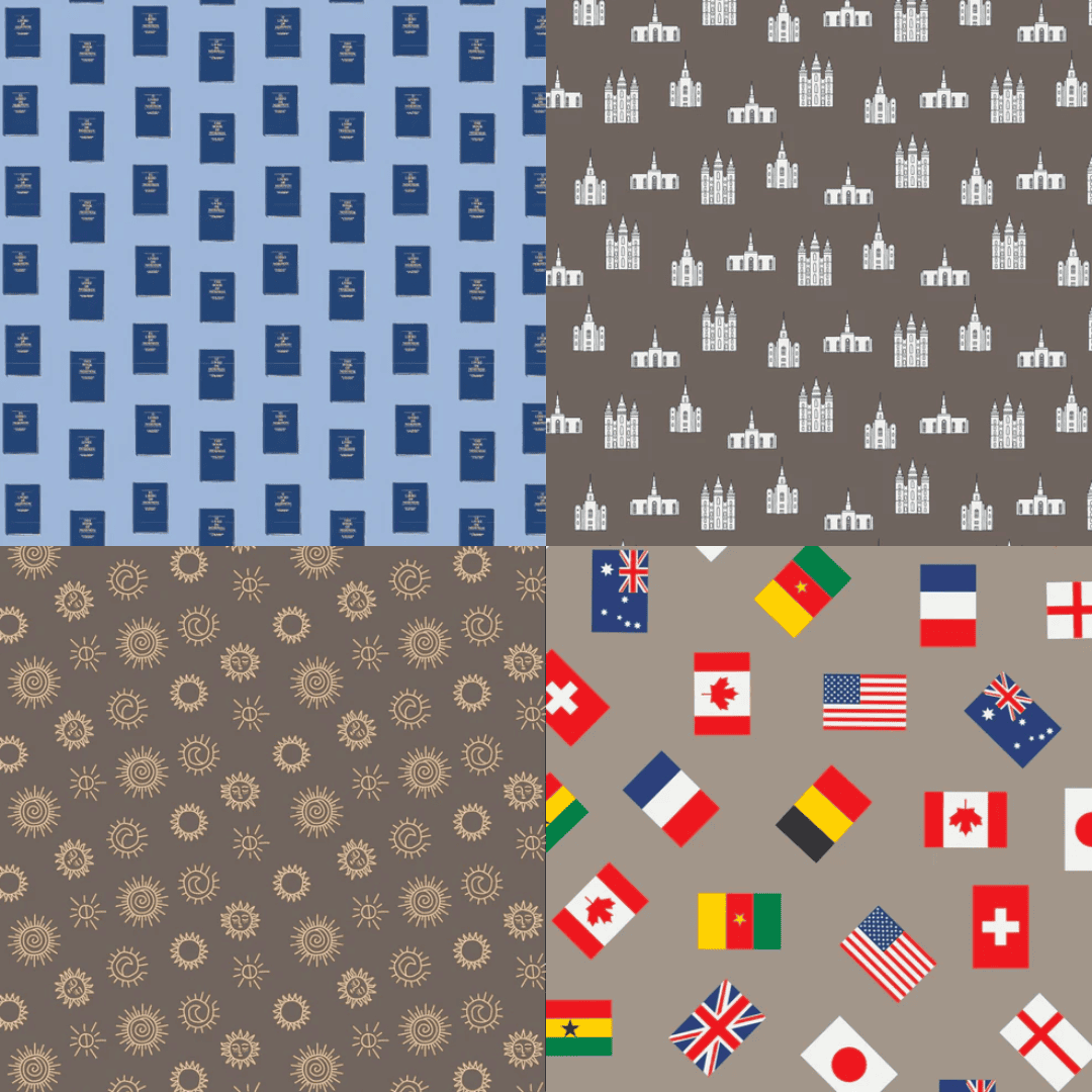 Lining options for Classic Temple Bag (clockwise from top left): Book of Mormon, Temples, International Flags, and Sunstones