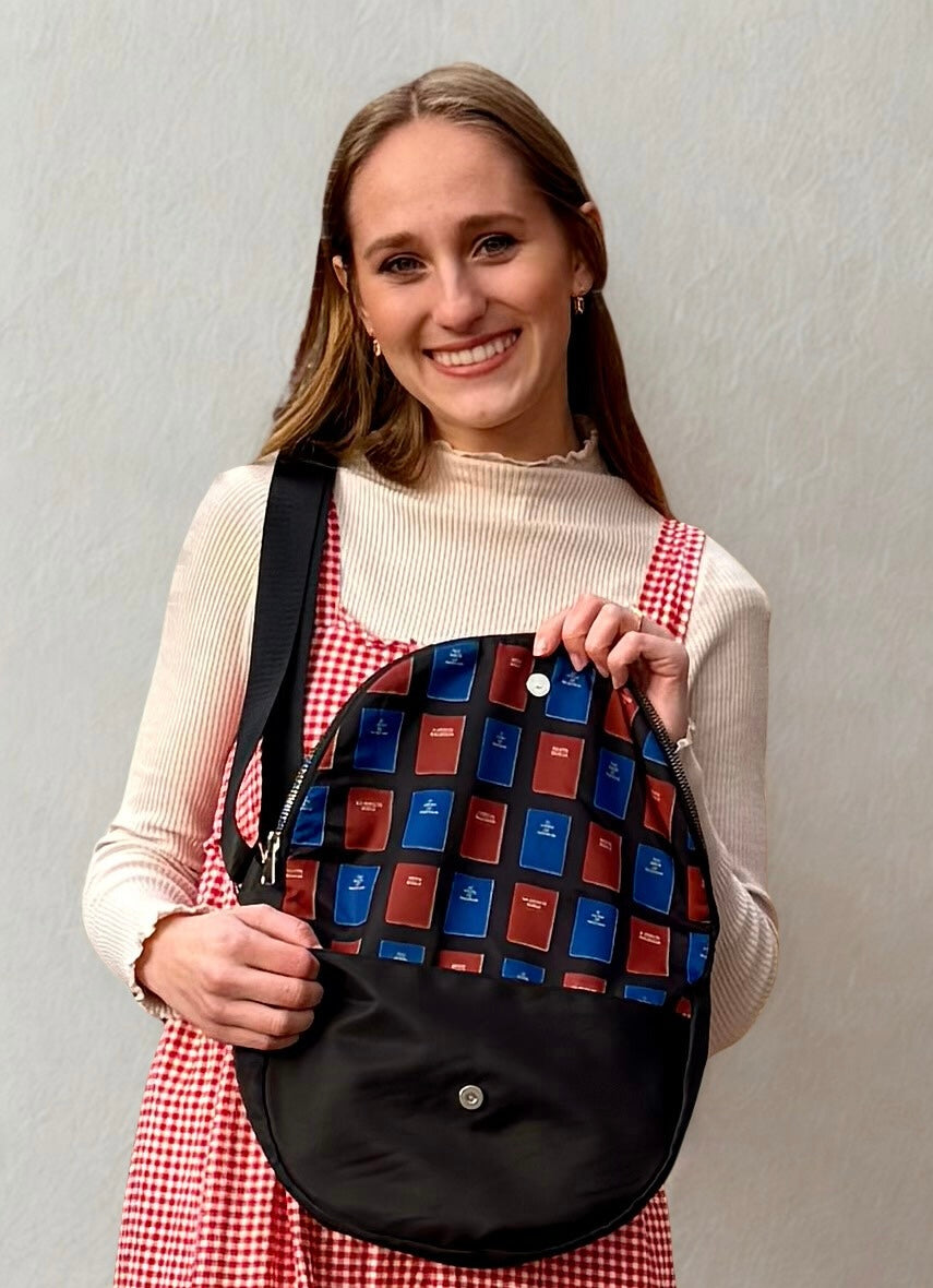 Girl posing with Smiley Bag