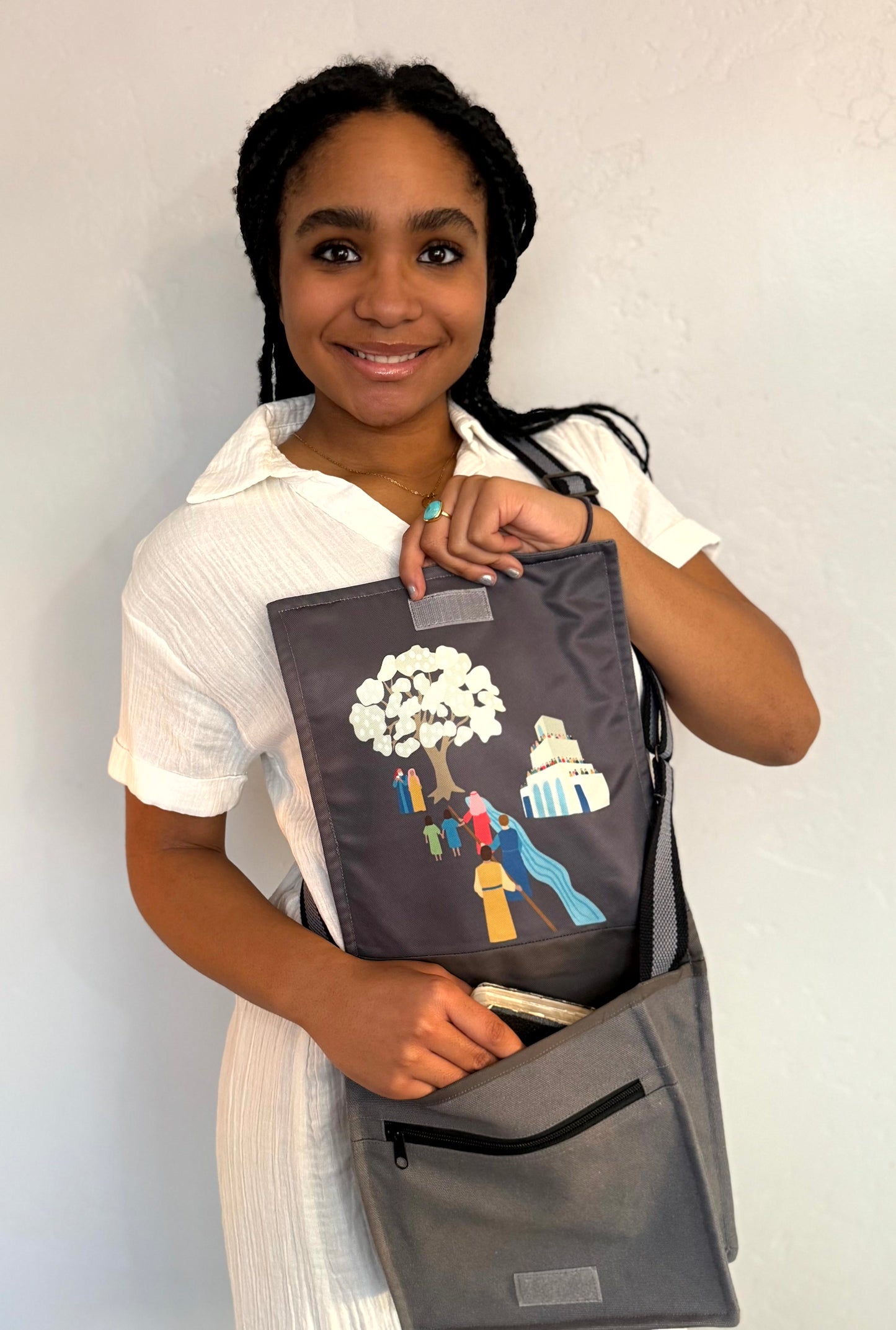 Young woman with Iron Rod Missionary Bag