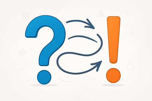 Blue question mark and orange exclamation point with rounded arrows in between