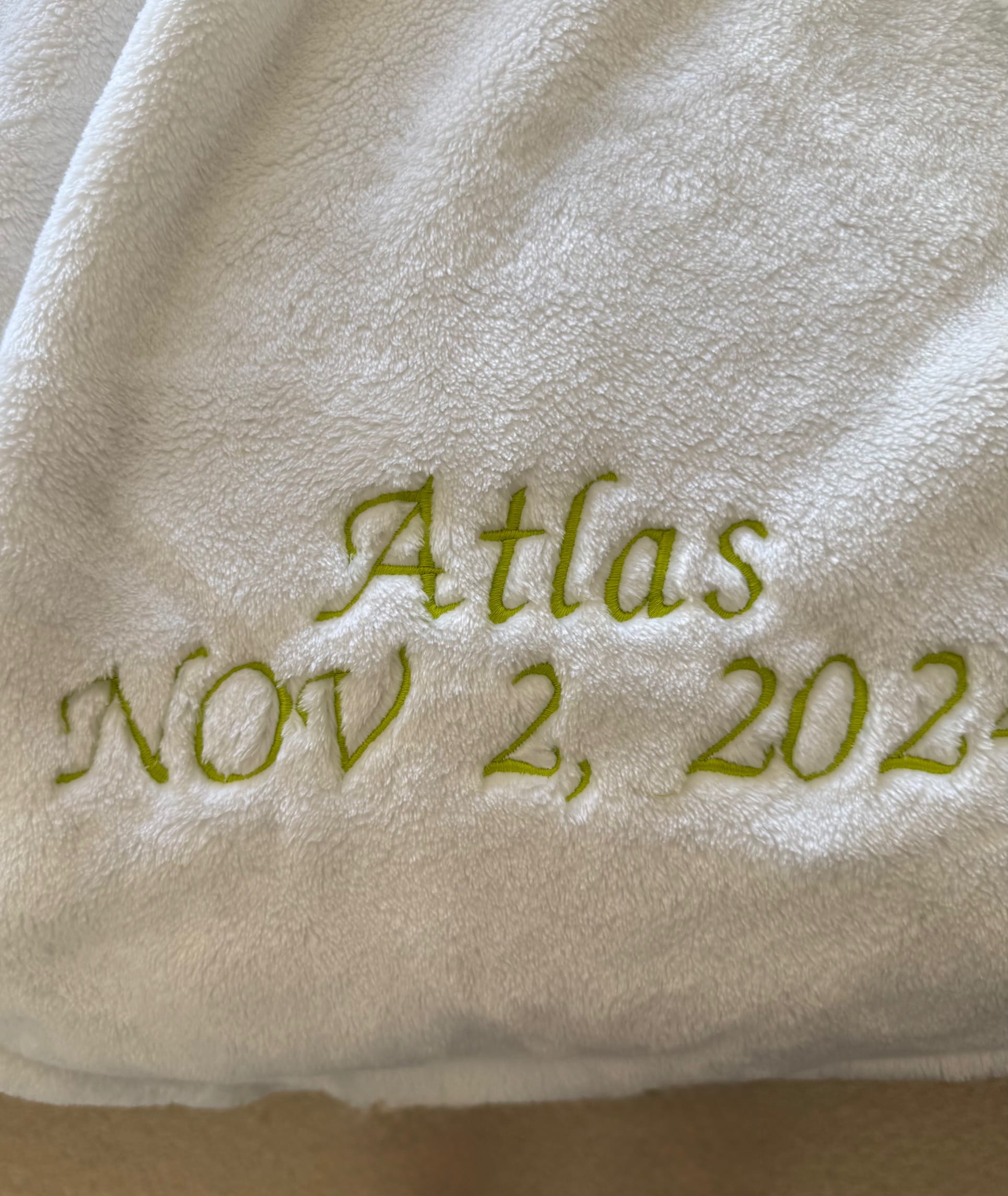 Baptism Blanket with lime green thread embroidery