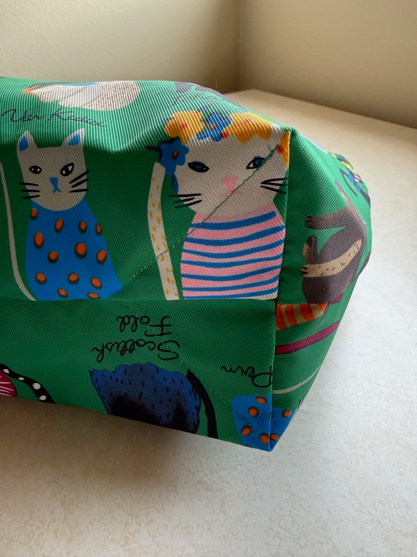 Green bag with cat pattern on a tabletop surface