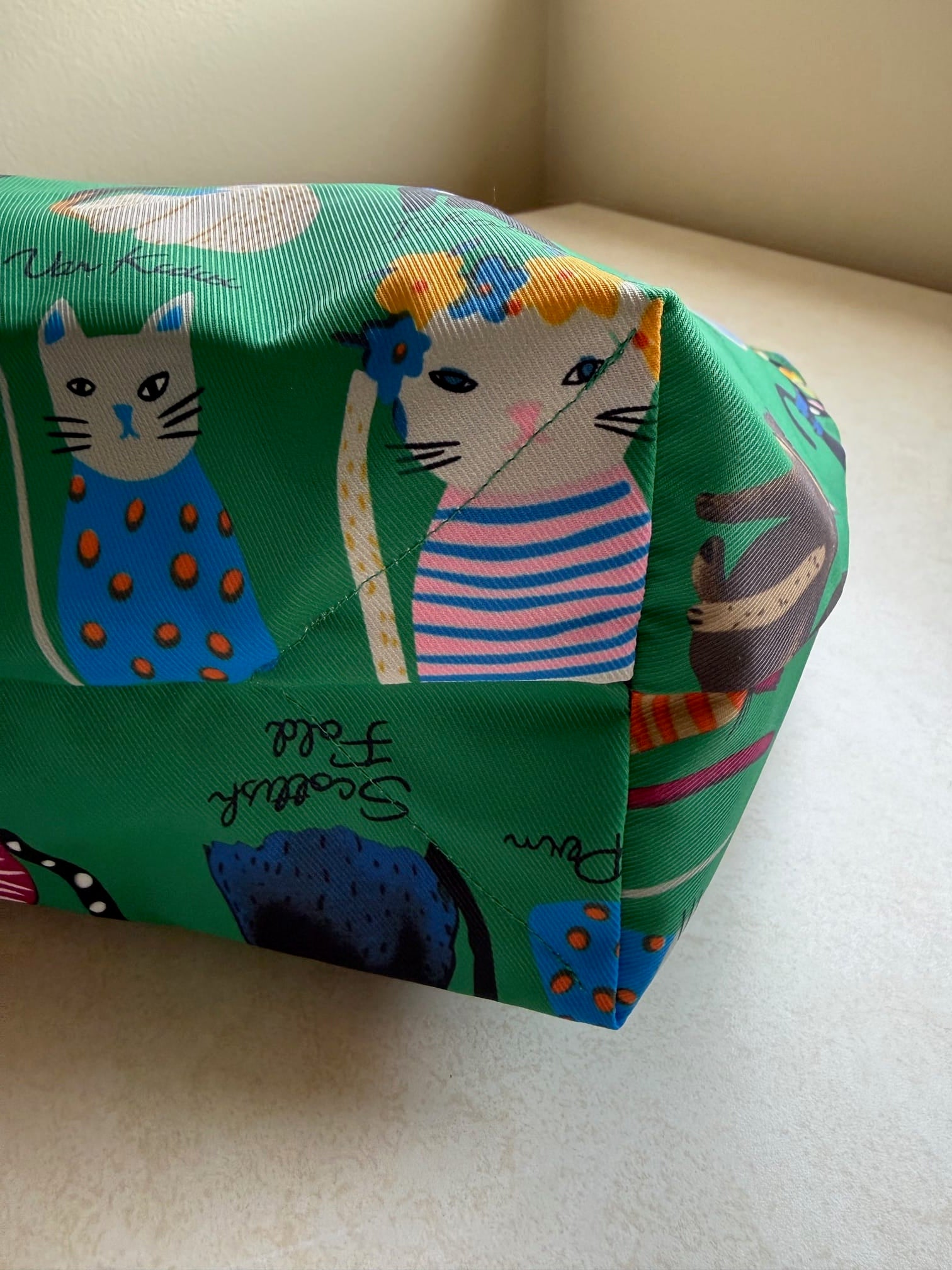 Green bag with cat pattern on a tabletop surface