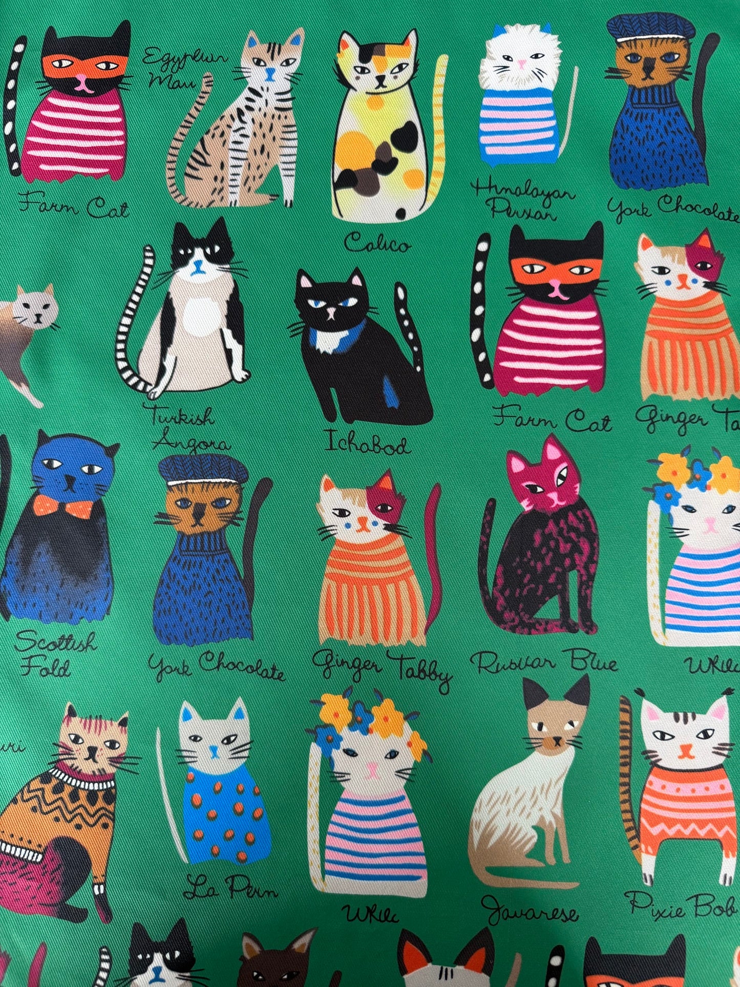 Pattern of colorful cats in various outfits on a green background