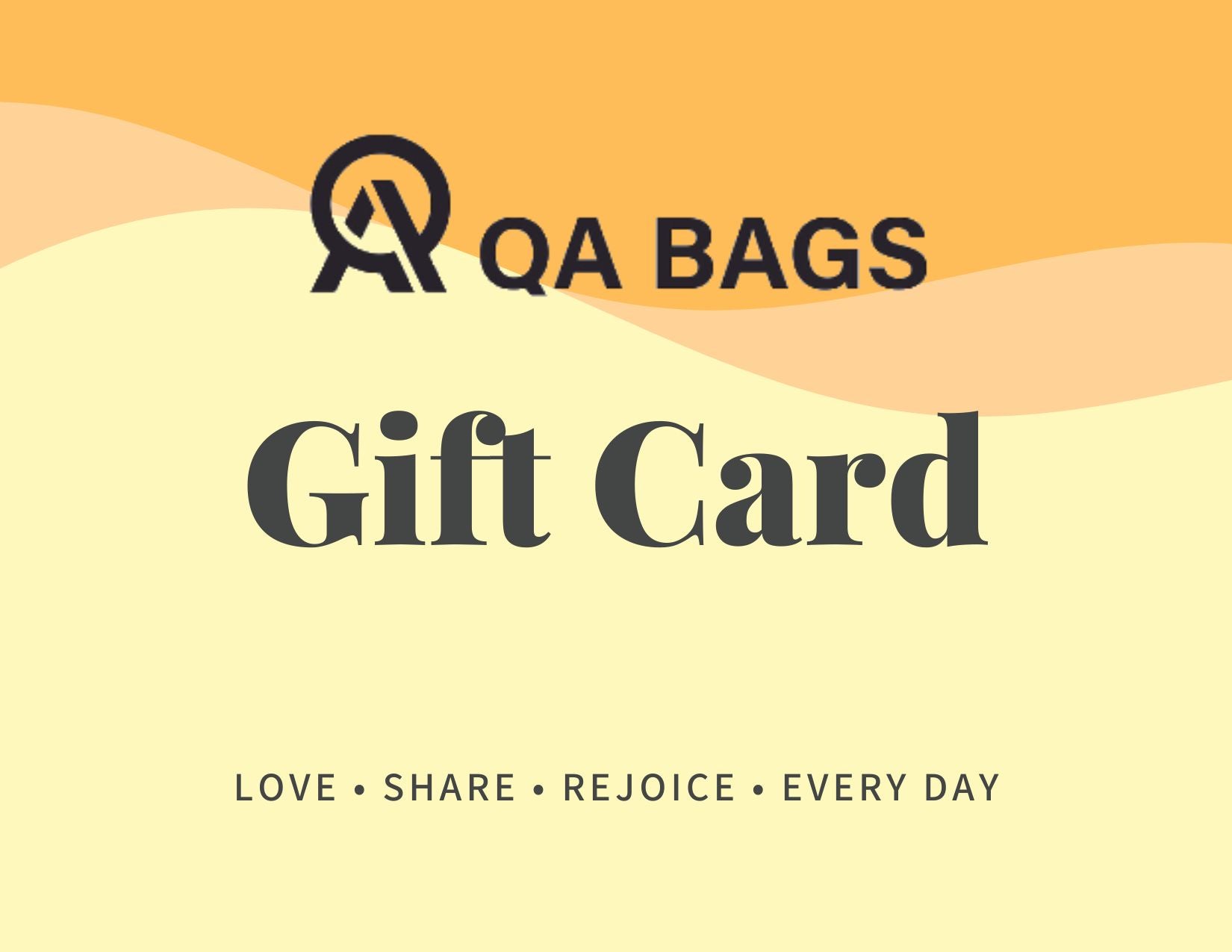 QA Bags gift card with a yellow and orange gradient background
