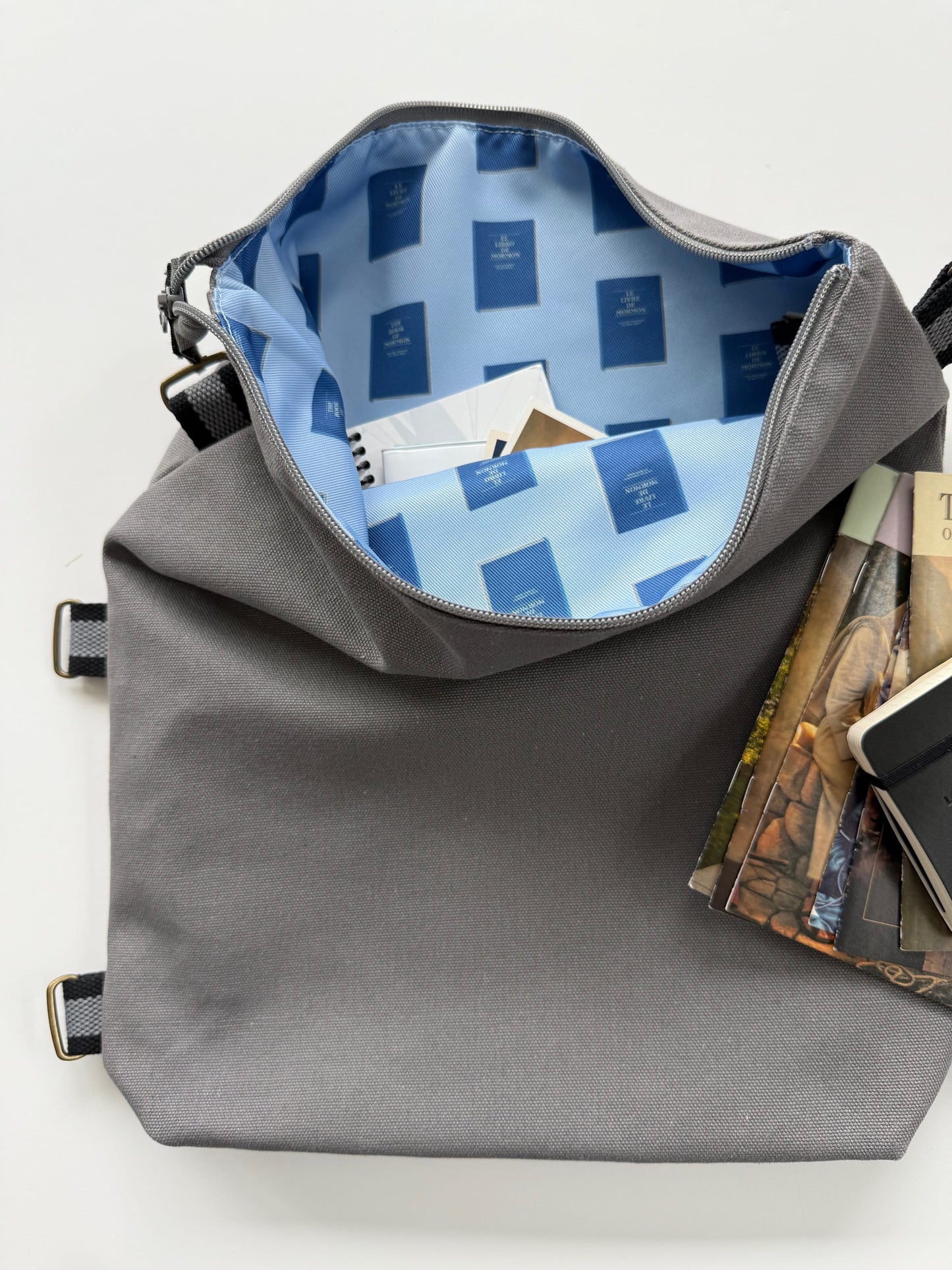 Gray bag with a blue interior lining