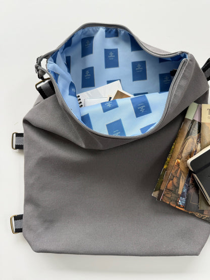 Gray bag with a blue interior lining