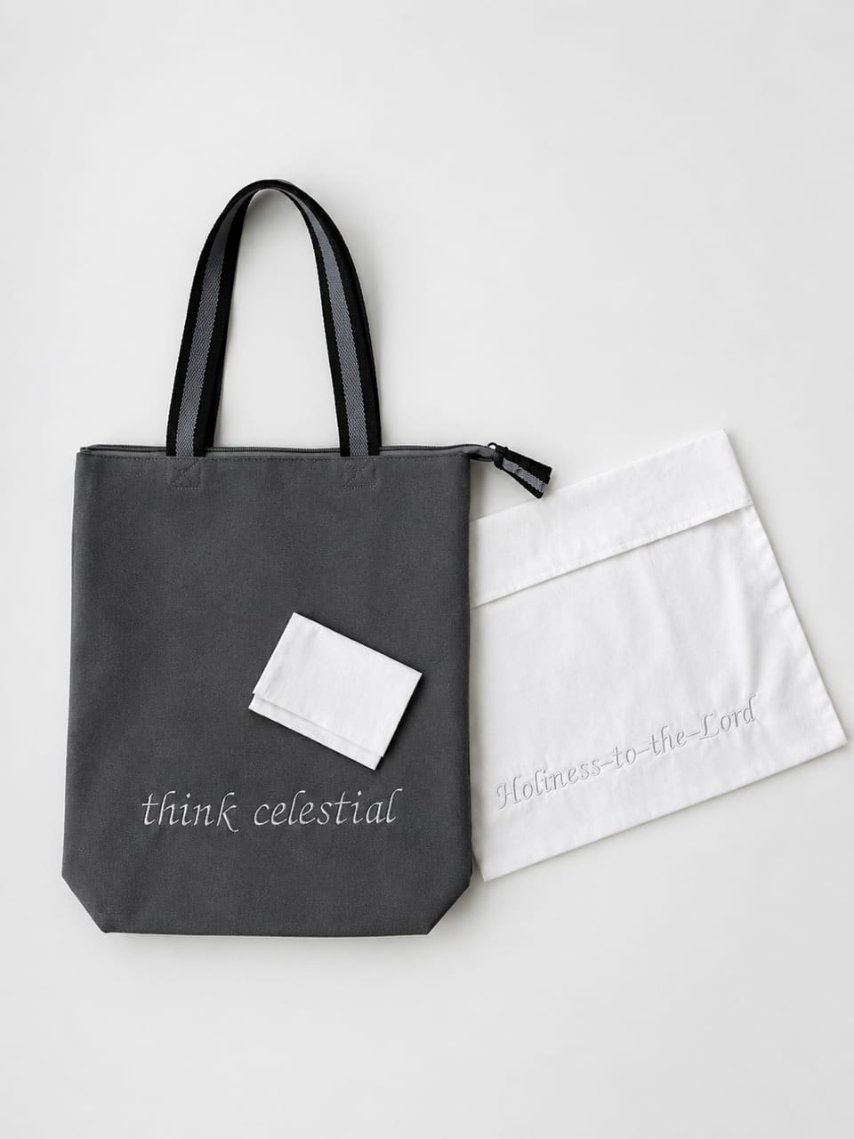Temple Ready Set including canvas gray temple shoulder bag, envelope, and pouch