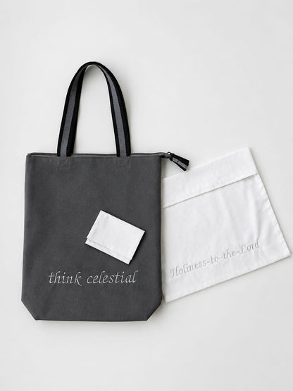 Temple Ready Set including canvas gray temple shoulder bag, envelope, and pouch