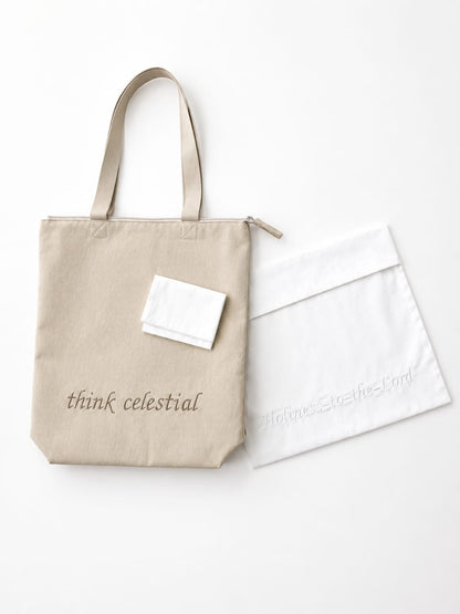 Temple Ready Set including canvas ivory temple shoulder bag, envelope, and pouch