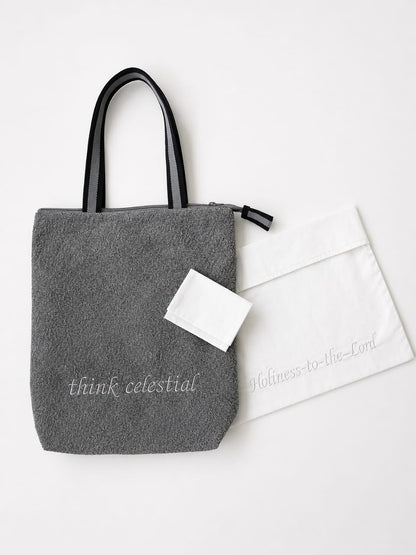Temple Ready Set including upholstery gray temple shoulder bag, envelope, and pouch