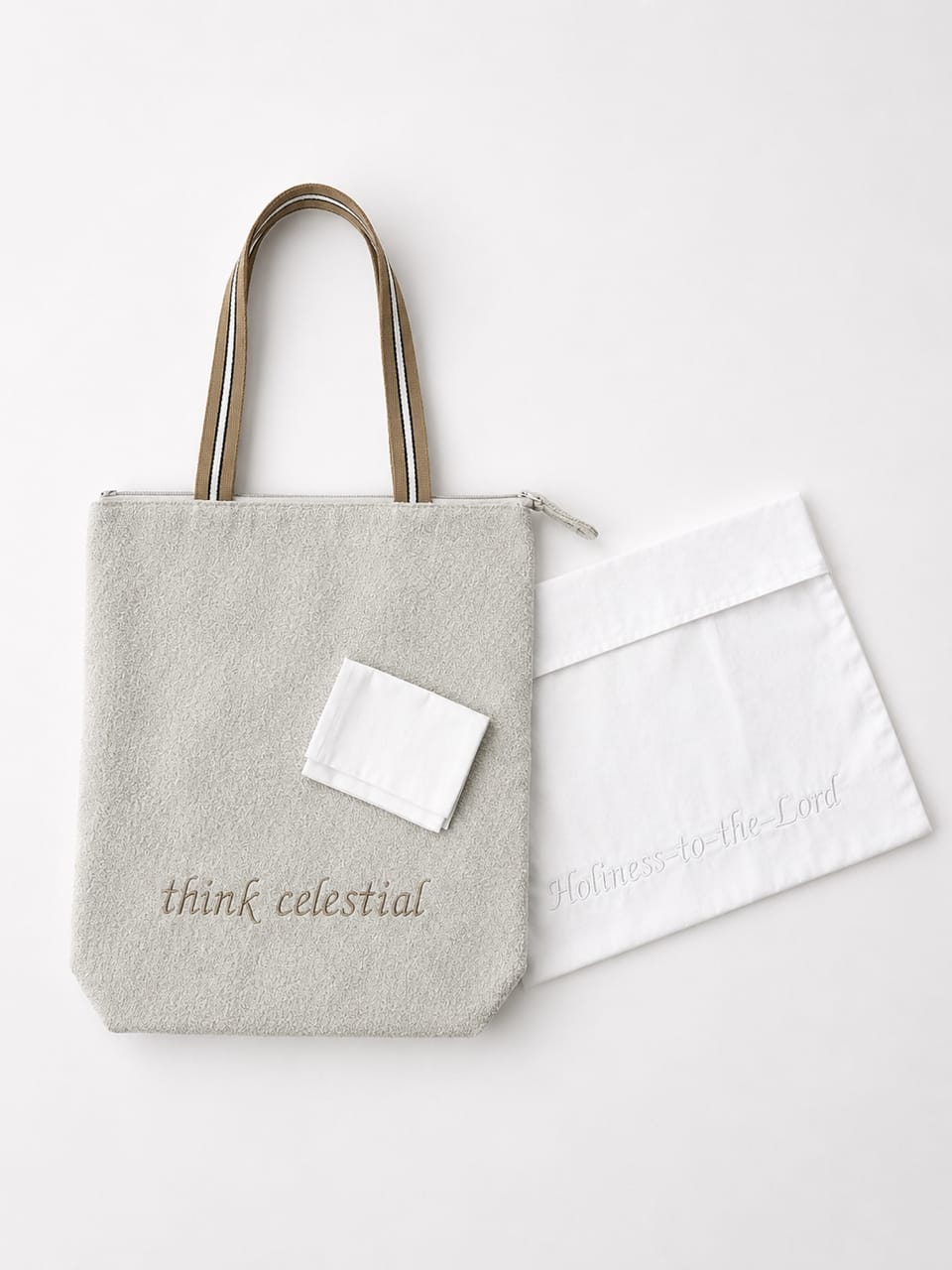 Temple Ready Set including upholstery ivory temple shoulder bag, envelope, and pouch
