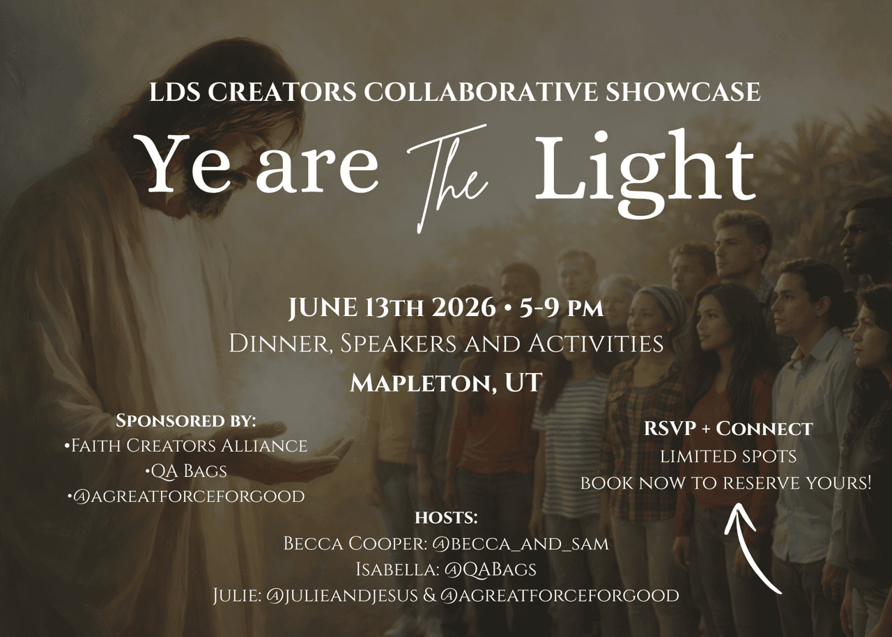 Promotional flyer for LDS Creators Collaborative Showcase with text overlay and a background image of people standing before Jesus Christ.