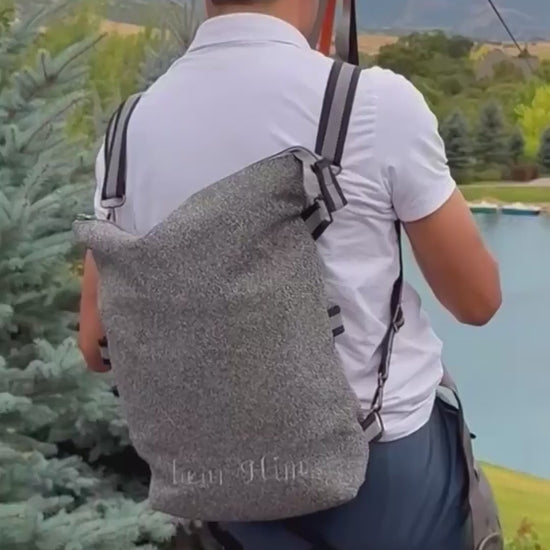 A voiceover explains all of the great features of a convertible shoulder bag while a slideshow of individuals using the bag plays.