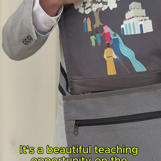 A voiceover explains all of the great features of a messenger bag as a slideshow of individuals using the bag plays.