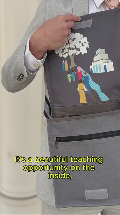 A voiceover explains all of the great features of a messenger bag as a slideshow of individuals using the bag plays.